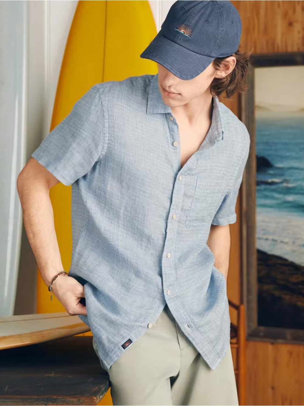 NWT Faherty Mens SS Palma Linen Short Sleeve Shirt Blue Basket Weave Size Medium - Picture 2 of 11